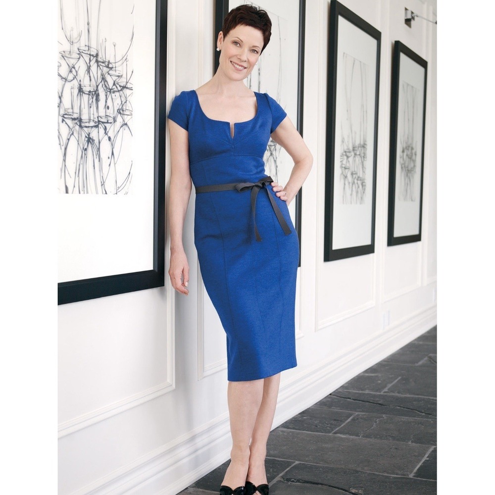 Lida Baday Women's Blue 100% Wool Belted‎ Sheath Dress Cap Sleeve Lined Size 6